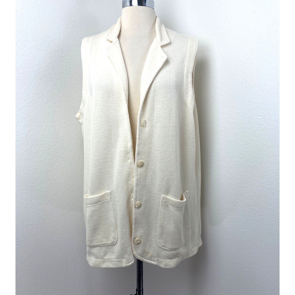 Vtg The Avenue Ivory Knit Duster Vest 14/16 Button Front Patch Pockets Country